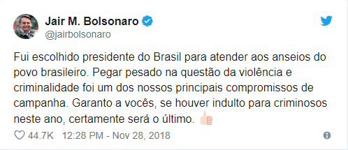 'Se houver indulto para criminosos neste ano, certamente será o último', diz Bolsonaro Pelas redes sociais, presidente eleito comenta o julgamento do perdão judicial marcado para esta quarta-feira no STF