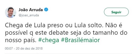 "Chega de Lula preso ou Lula solto", diz João Arruda "Chega de Lula preso ou Lula solto. Não é possível que este debate seja do tamanho do nosso país" - do deputado João Arruda (MDB) nesta quinta-feira, 20, no twitter.